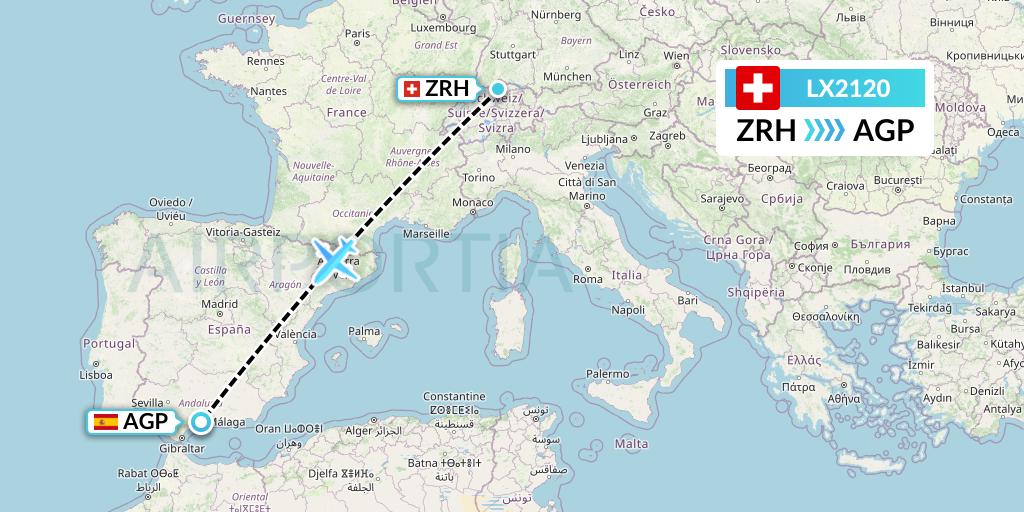 LX2120 Swiss Flight Map: Zurich to Malaga