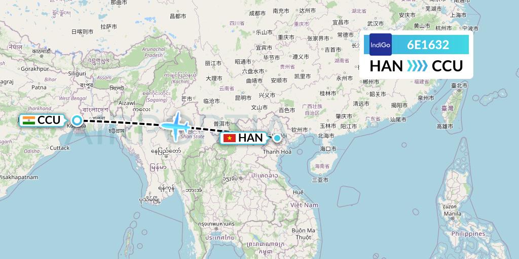 6E1632 IndiGo Airlines Flight Map: Hanoi to Kolkata