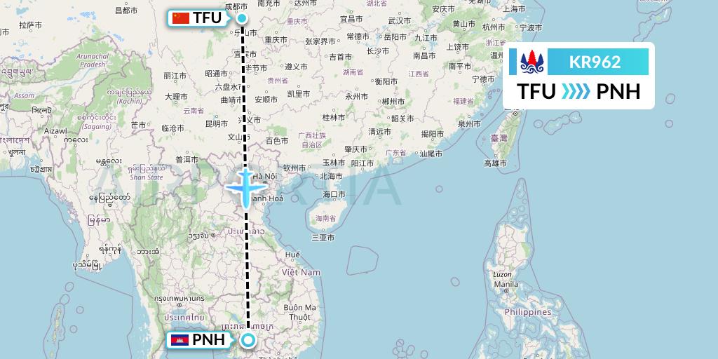 KR962 Cambodia Airways Flight Map: Chengdu to Phnom Penh