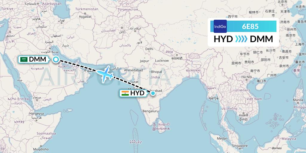 6E85 IndiGo Airlines Flight Map: Hyderabad to Dammam