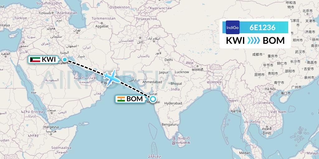 6E1236 IndiGo Airlines Flight Map: Kuwait City to Mumbai