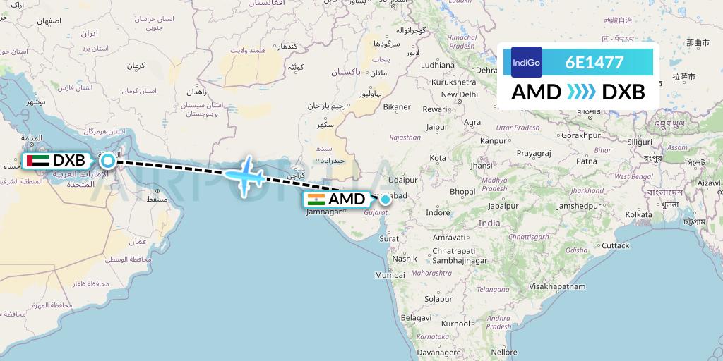 6E1477 IndiGo Airlines Flight Map: Ahmedabad to Dubai