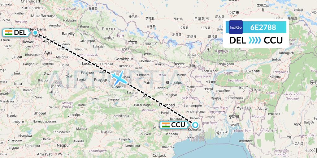 6E2788 IndiGo Airlines Flight Map: Delhi to Kolkata