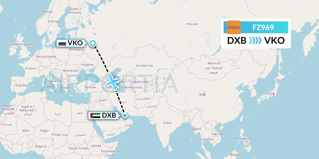 FZ969 FlyDubai Flight Map: Dubai to Moscow