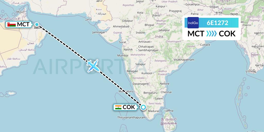 6E1272 IndiGo Airlines Flight Map: Muscat to Cochin