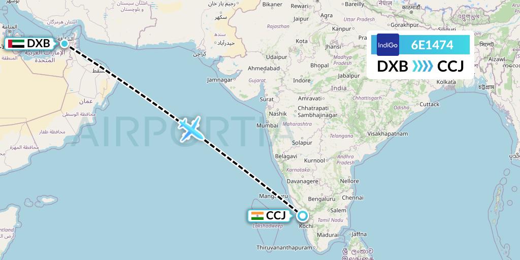 6E1474 IndiGo Airlines Flight Map: Dubai to Kozhikode