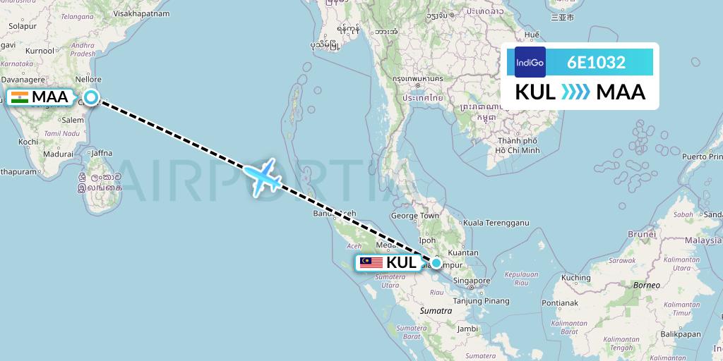 6E1032 IndiGo Airlines Flight Map: Kuala Lumpur to Chennai