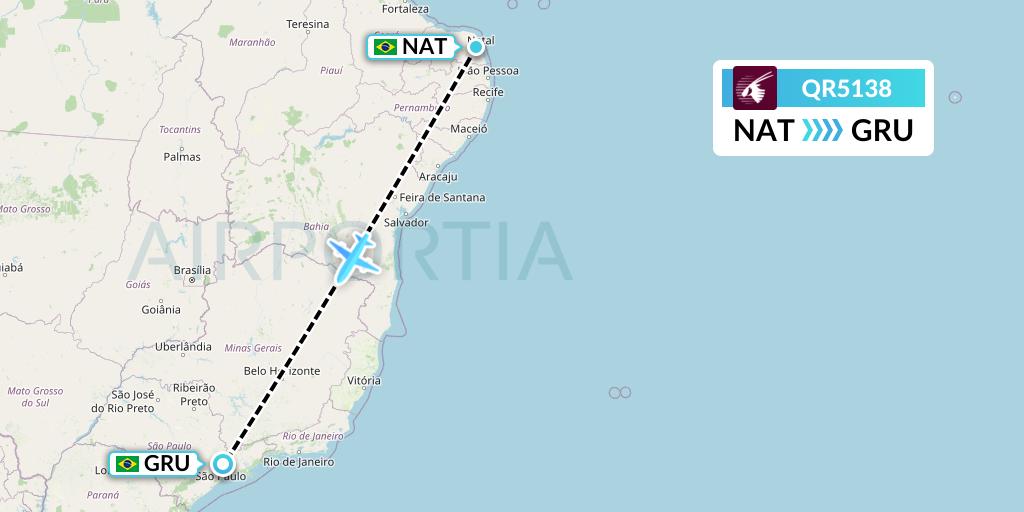 QR5138 Qatar Airways Flight Map: Natal to Sao Paulo