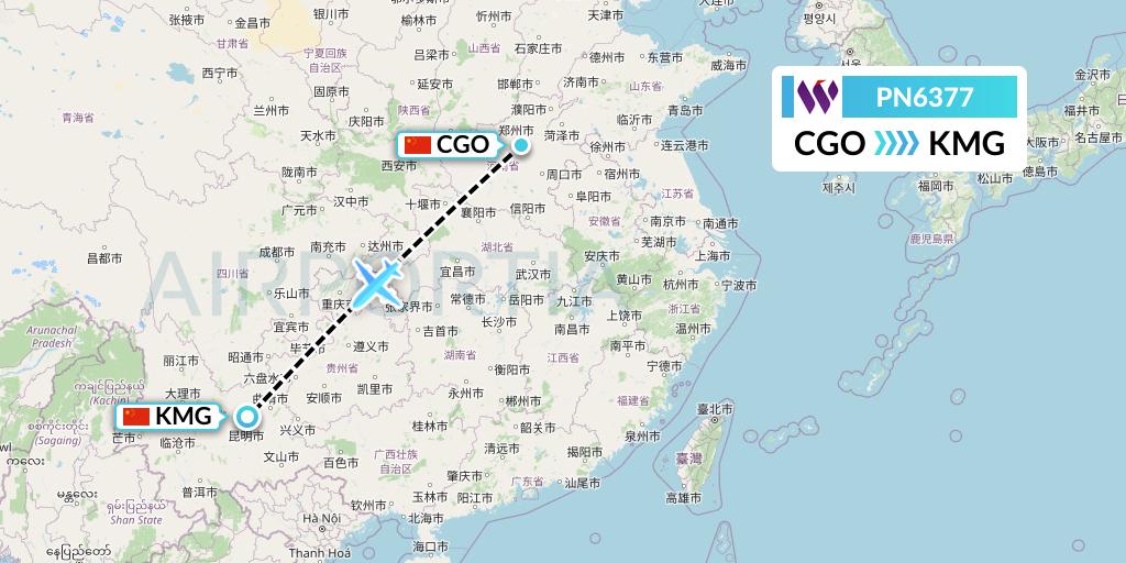 PN6377 China West Air Flight Map: Zhengzhou to Kunming