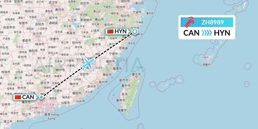 ZH8989 Shenzhen Airlines Flight Map: Guangzhou to Huangyan
