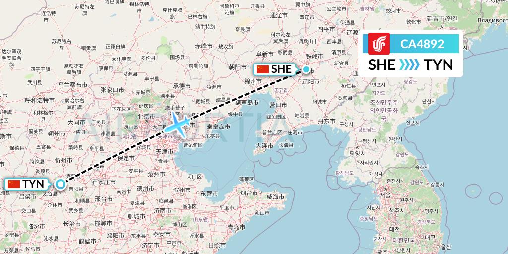 CA4892 Air China Flight Map: Shenyang to Taiyuan