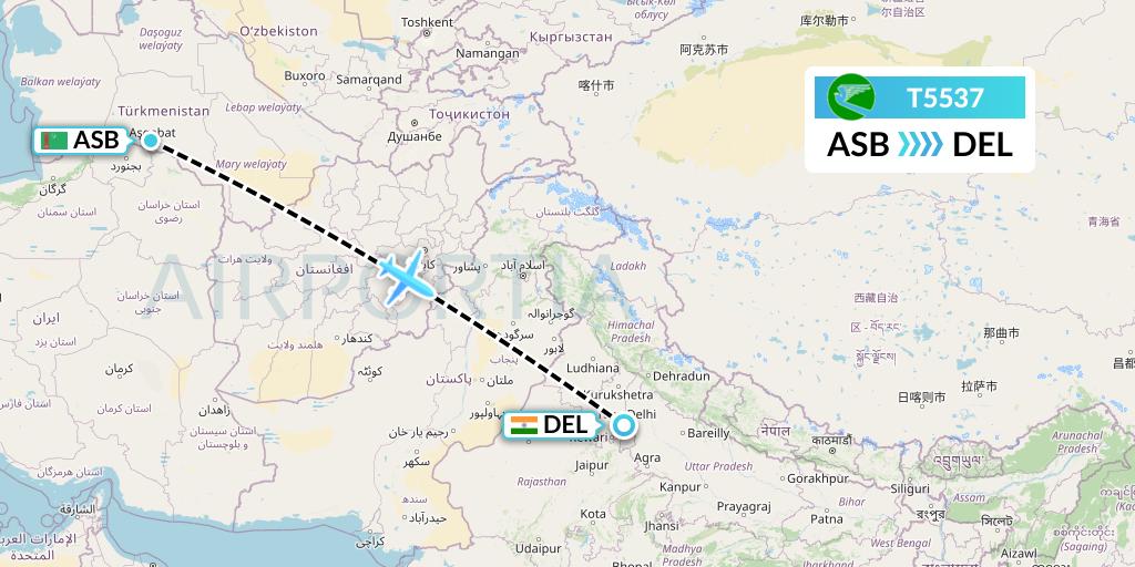 T5537 Turkmenistan Airlines Flight Map: Ashgabat to Delhi