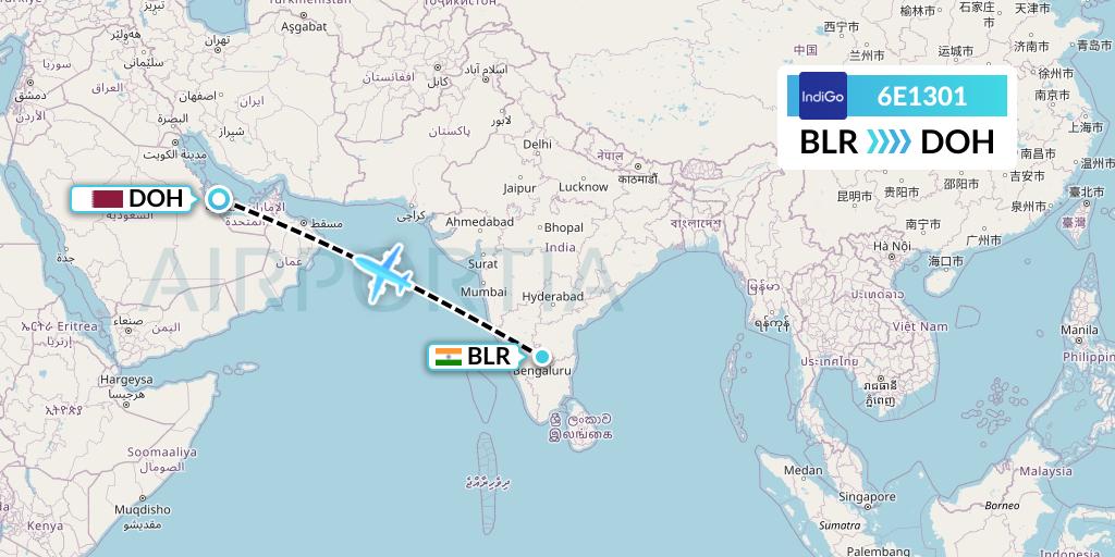 6E1301 IndiGo Airlines Flight Map: Bangalore to Doha