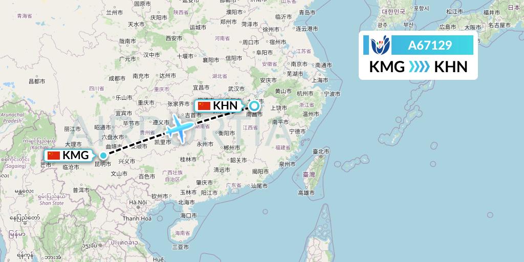 A67129 Hongtu Airlines Flight Map: Kunming to Nanchang
