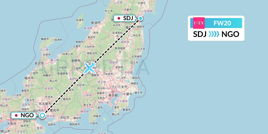 FW20 Ibex Airlines Flight Map: Sendai to Nagoya