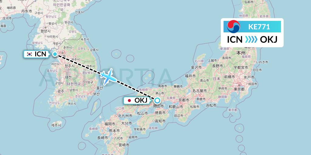 KE771 Korean Air Flight Map: Seoul to Okayama