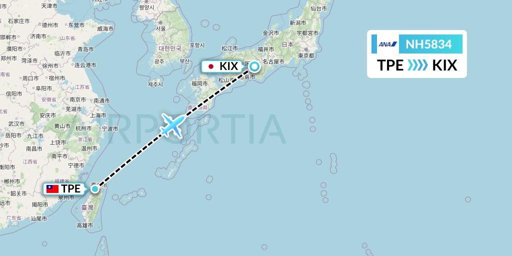 NH5834 All Nippon Airways Flight Map: Taipei to Osaka