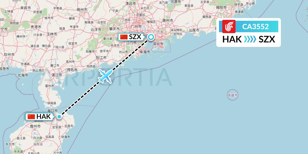 CA3552 Air China Flight Map: Haikou to Shenzhen