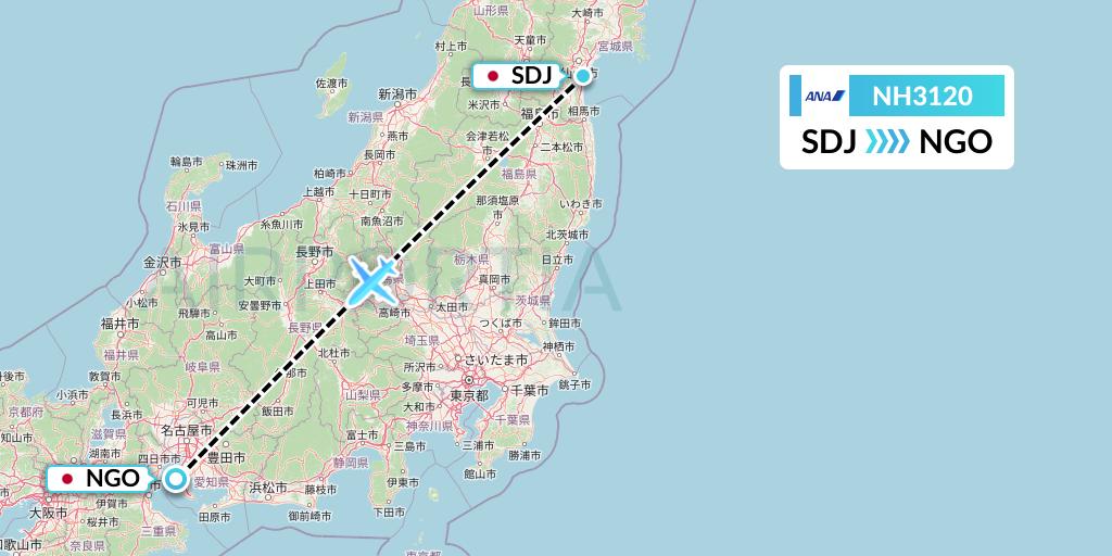 NH3120 All Nippon Airways Flight Map: Sendai to Nagoya
