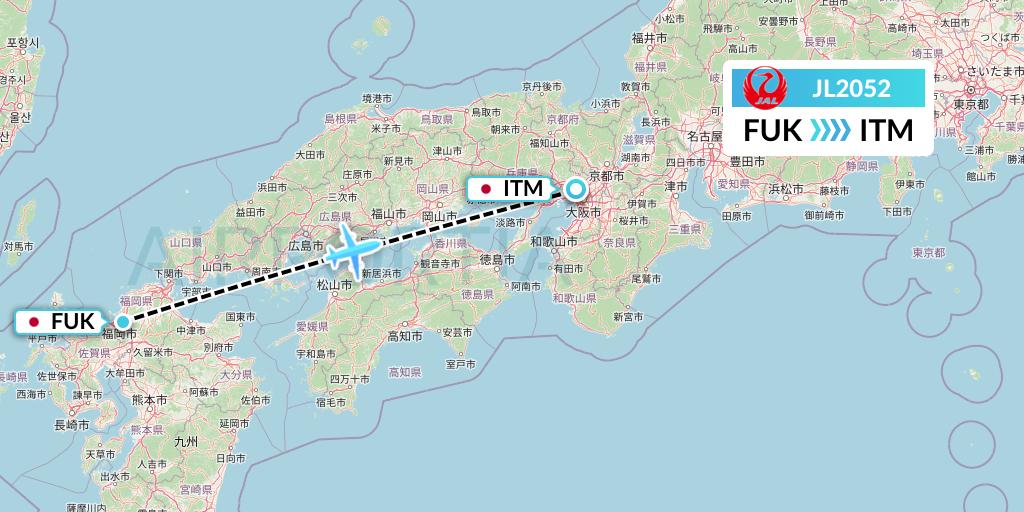 JL2052 Japan Airlines Flight Map: Fukuoka to Osaka