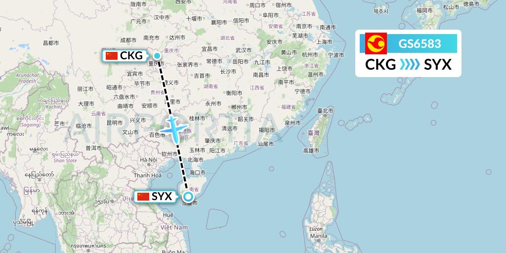 GS6583 Tianjin Airlines Flight Map: Chongqing to Sanya
