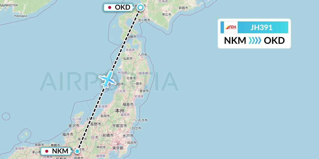 JH391 Fuji Dream Airlines Flight Map: Nagoya to Sapporo