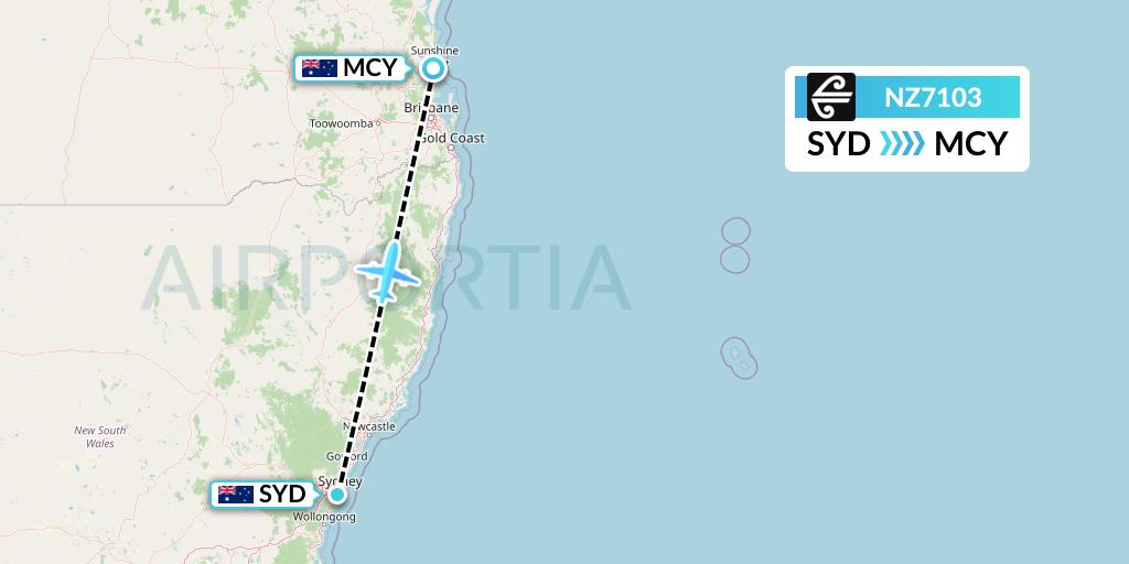 NZ7103 Air New Zealand Flight Map: Sydney to Sunshine Coast