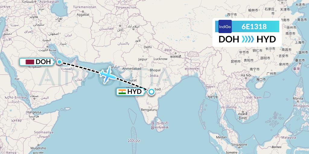6E1318 IndiGo Airlines Flight Map: Doha to Hyderabad