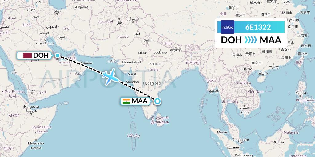 6E1322 IndiGo Airlines Flight Map: Doha to Chennai