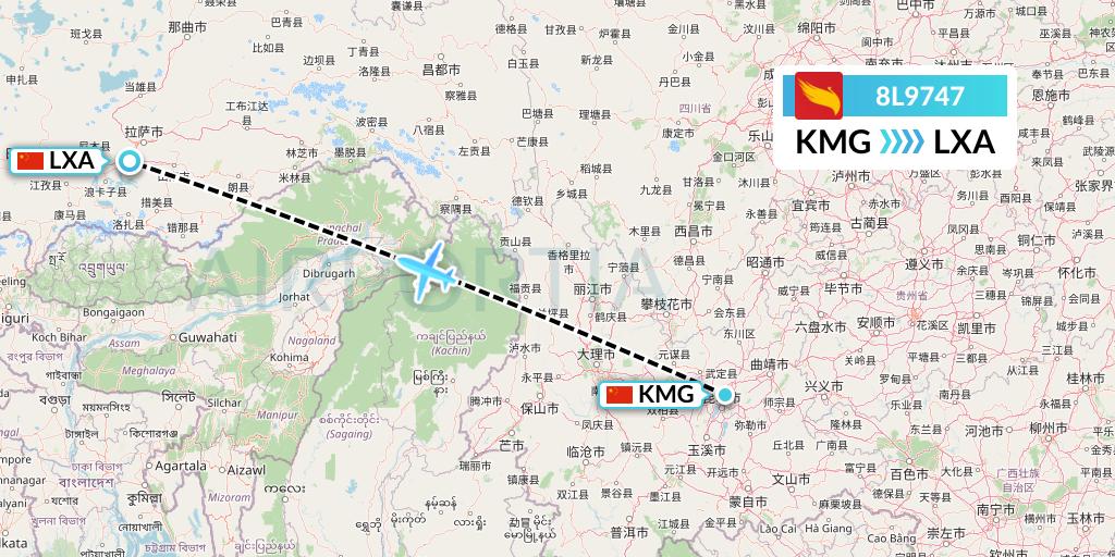 8L9747 Lucky Air Flight Map: Kunming to Lhasa
