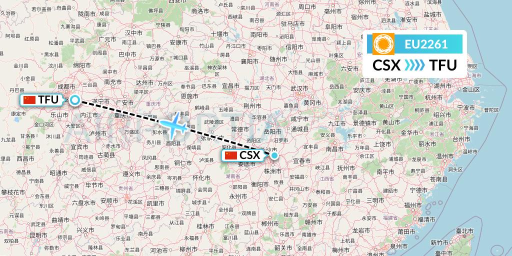 EU2261 Chengdu Airlines Flight Map: Changsha to Chengdu