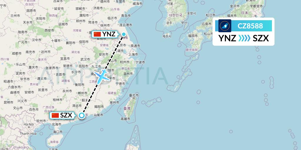 CZ8588 China Southern Airlines Flight Map: Yancheng to Shenzhen