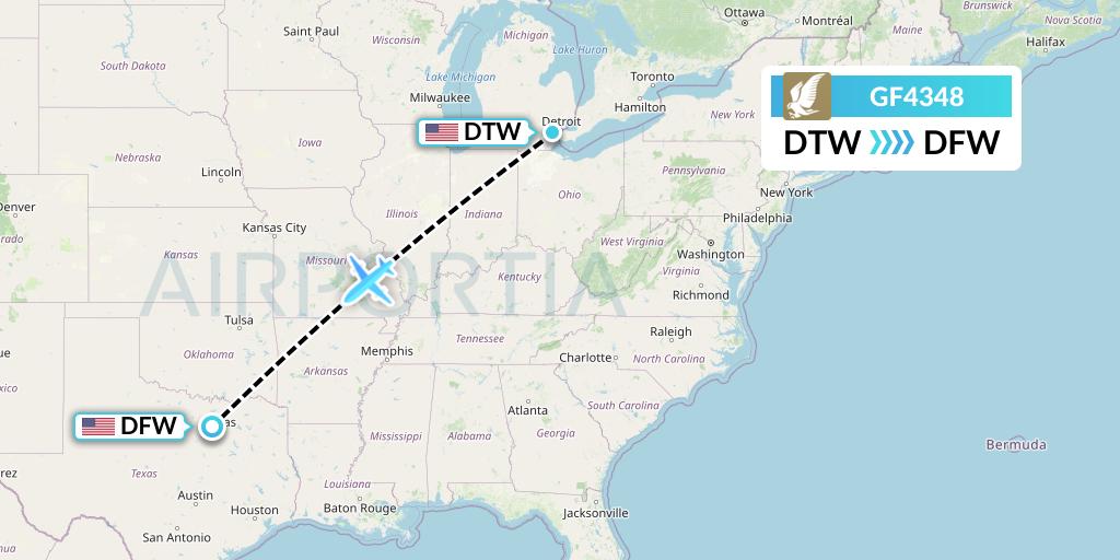 GF4348 Gulf Air Flight Map: Detroit to Dallas