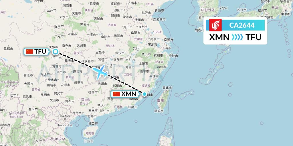 CA2644 Air China Flight Map: Xiamen to Chengdu