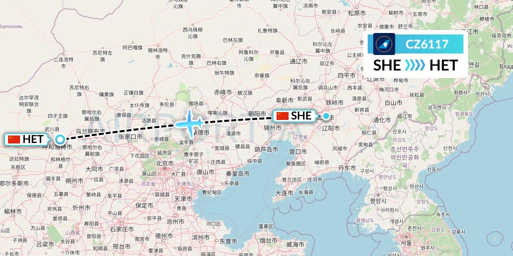 CZ6117 China Southern Airlines Flight Map: Shenyang to Hohhot