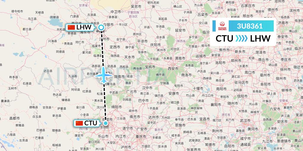 3U8361 Sichuan Airlines Flight Map: Chengdu to Lanzhou