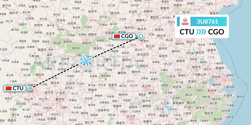 3U8761 Sichuan Airlines Flight Map: Chengdu to Zhengzhou