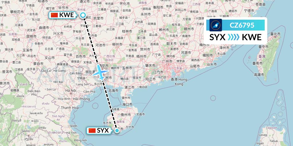 CZ6795 China Southern Airlines Flight Map: Sanya to Guiyang