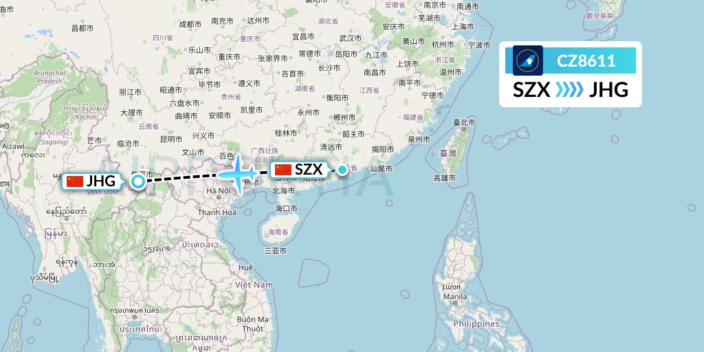 CZ8611 China Southern Airlines Flight Map: Shenzhen to Jinghong