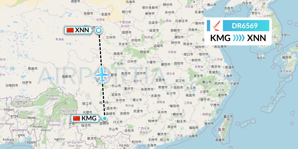 DR6569 Ruili Airlines Flight Map: Kunming to Xining