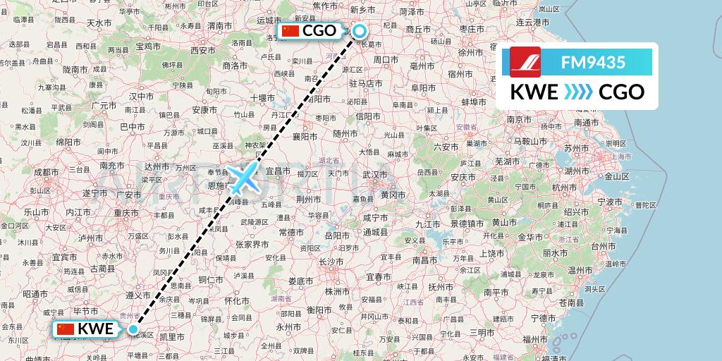 FM9435 Shanghai Airlines Flight Map: Guiyang to Zhengzhou