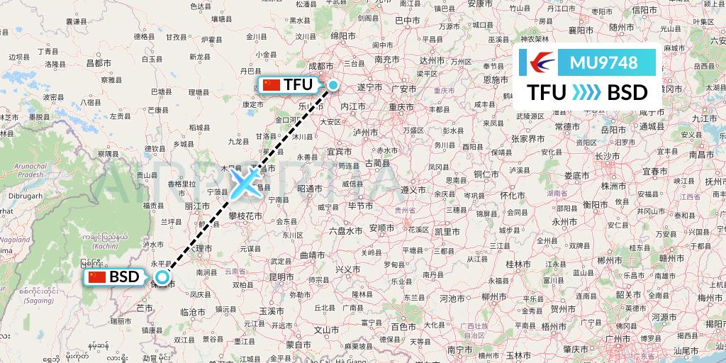 MU9748 China Eastern Airlines Flight Map: Chengdu to Baoshan