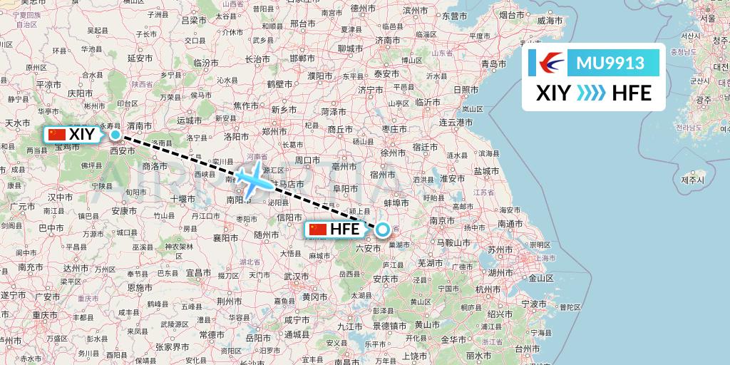 MU9913 China Eastern Airlines Flight Map: Xi'an to Hefei