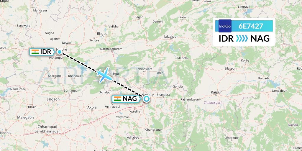 6E7427 IndiGo Airlines Flight Map: Indore to Nagpur