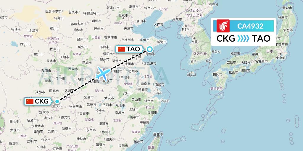 CA4932 Air China Flight Map: Chongqing to Qingdao