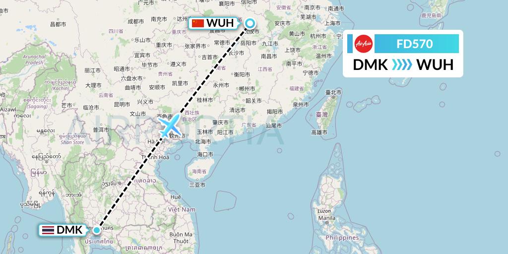 FD570 Thai AirAsia Flight Map: Bangkok to Wuhan