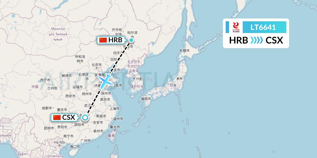 LT6641 LongJiang Airlines Flight Map: Harbin to Changsha