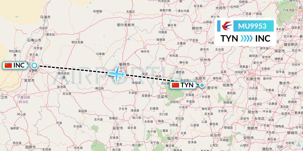 MU9953 China Eastern Airlines Flight Map: Taiyuan to Yinchuan