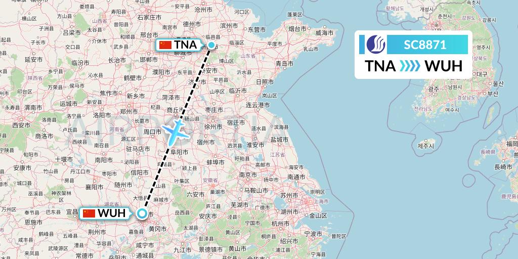 SC8871 Shandong Airlines Flight Map: Jinan to Wuhan