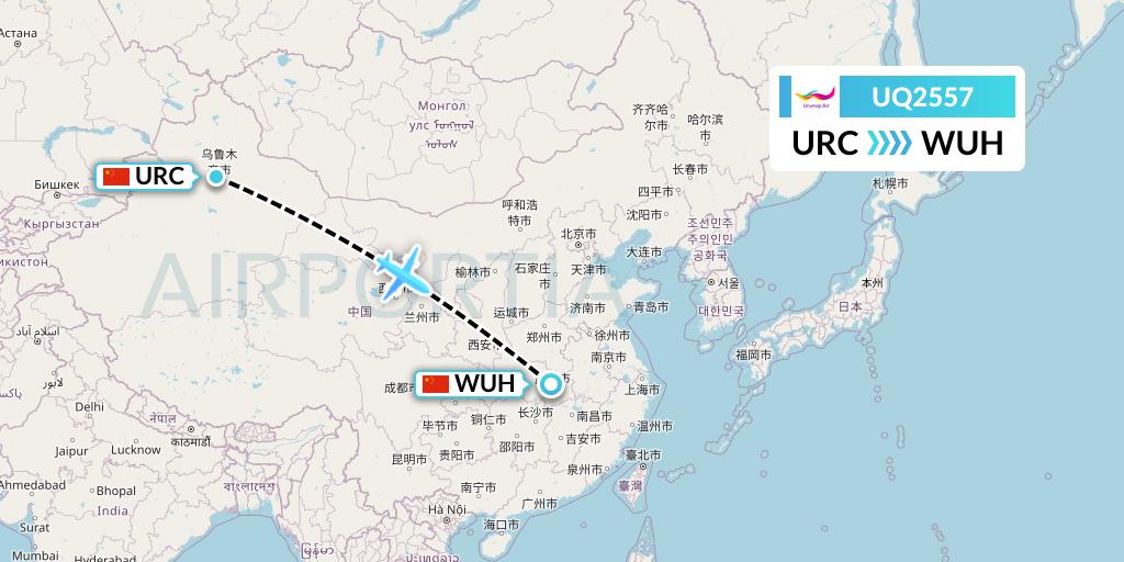 UQ2557 Urumqi Airlines Flight Map: Urumqi to Wuhan